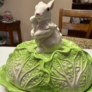 Ceramic Bunny on Green Cabbage butter dish,- Decorative Home Accent